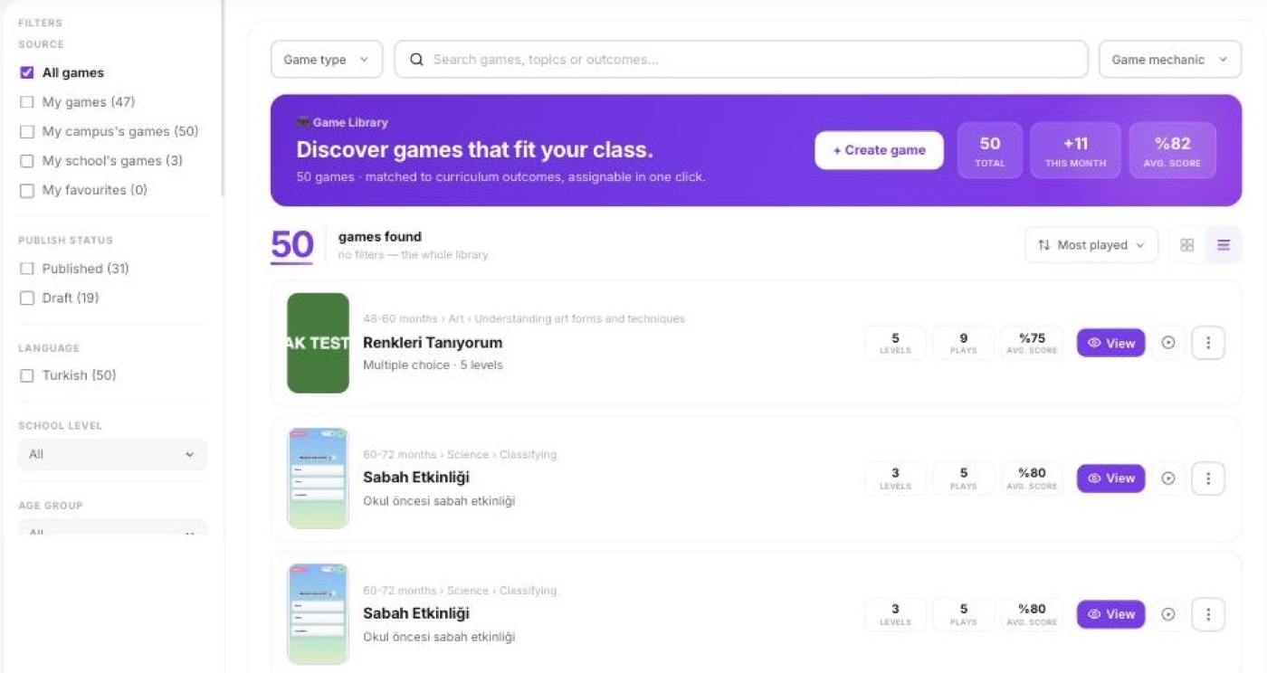 PlayVidence kütüphane liste görünümü